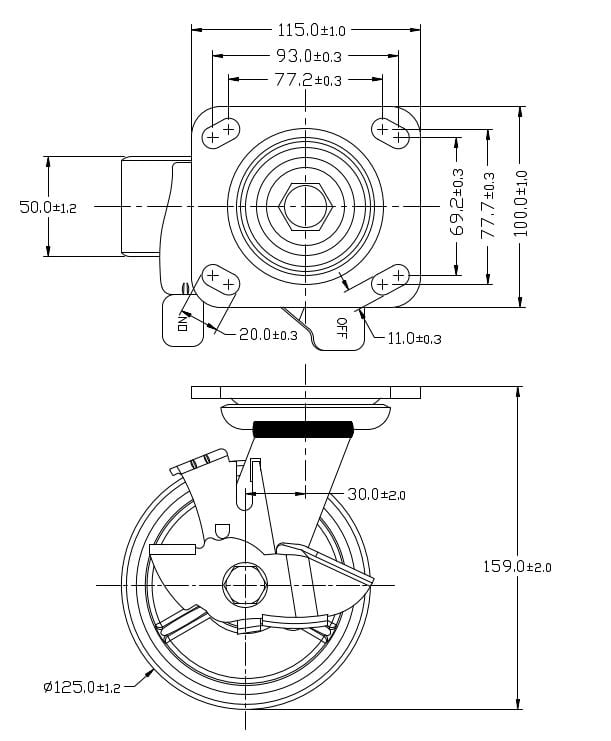 Ø 125 mm | Zestaw kołowy, koło obrotowe z hamulcem: żeliwo poliuretan, płyta mocująca, łożysko wałeczkowe, nośność 290 kg | 1044-125