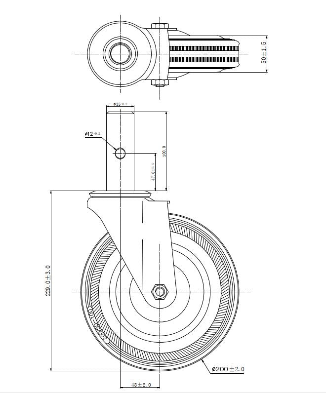 Ø 200 mm | Zestaw kołowy, koło obrotowe bez hamulca: metal guma, mocowane na trzpień, łożysko wałeczkowe, nośność 185 kg | 1157-200
