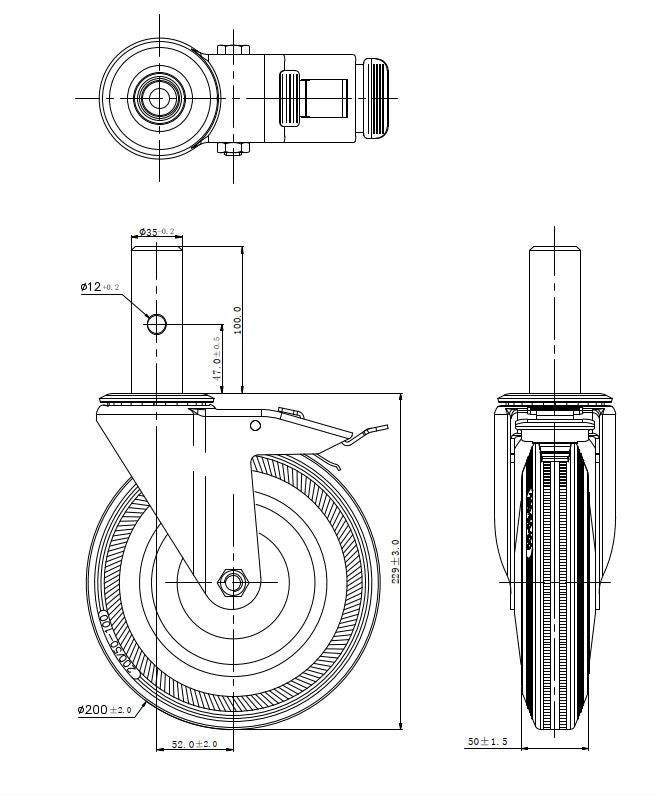 Ø 200 mm | Zestaw kołowy, koło obrotowe z hamulcem: metal guma, mocowane na trzpień, łożysko wałeczkowe, nośność 185 kg | 1158-200