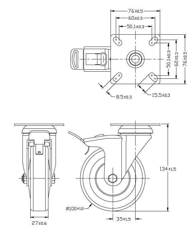 Ø 100 mm | Zestaw kołowy, koło obrotowe z hamulcem: tworzywo guma termoplastyczna, płyta mocująca, łożysko ślizgowe, nośność 90 kg | 3014A-100