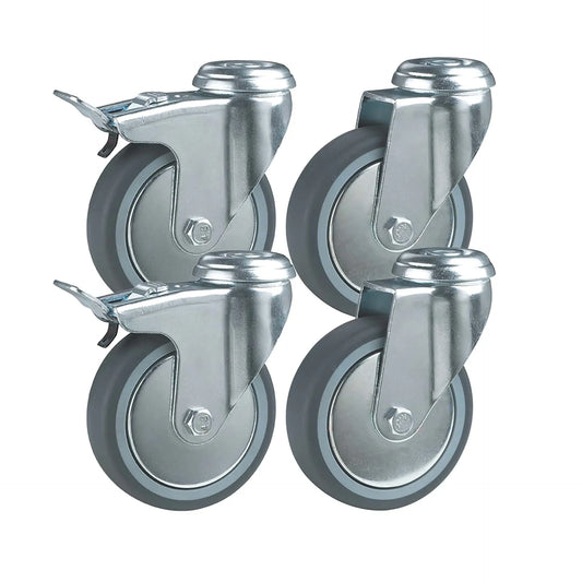 4x zestaw kołowy Ø 50 mm (2x skrętny, 2x skrętny z hamulcem), guma termoplastyczna szara, łożysko ślizgowe | 3015A/3016A-50