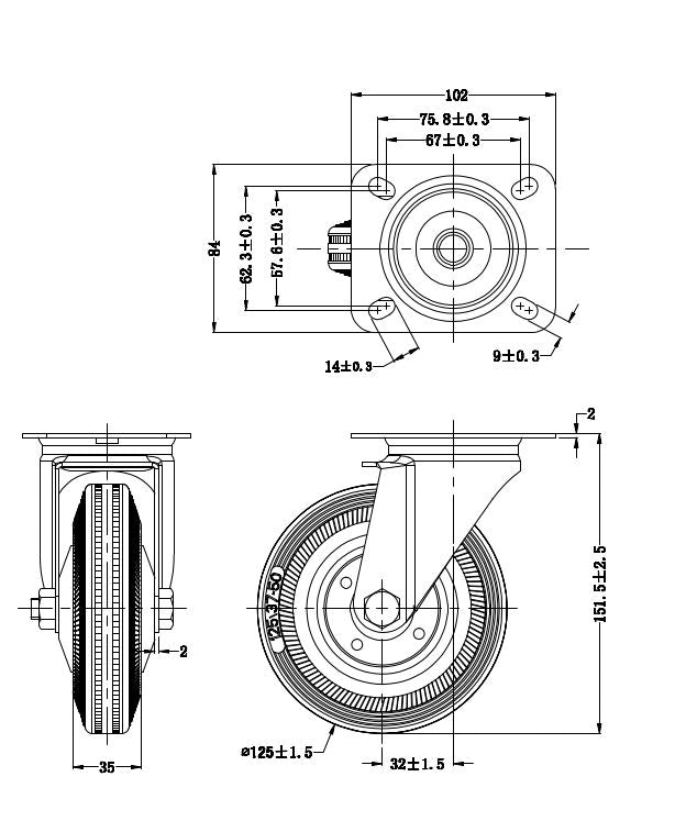 Ø 125 mm | Zestaw kołowy obrotowy bez hamulca: metal guma, płyta mocująca, łożysko wałeczkowe, nośność 100 kg | 4001-125 - rzut techniczny