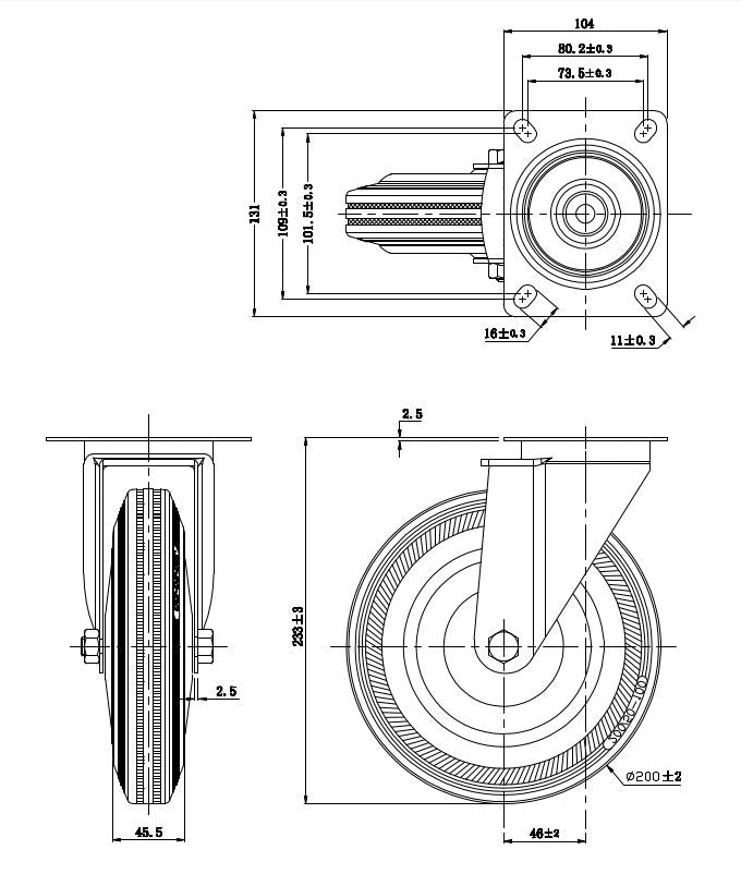 Ø 200 mm | Zestaw kołowy obrotowy bez hamulca: metal guma, płyta mocująca, łożysko wałeczkowe, nośność 185 kg | 4001-200 - rzut techniczny