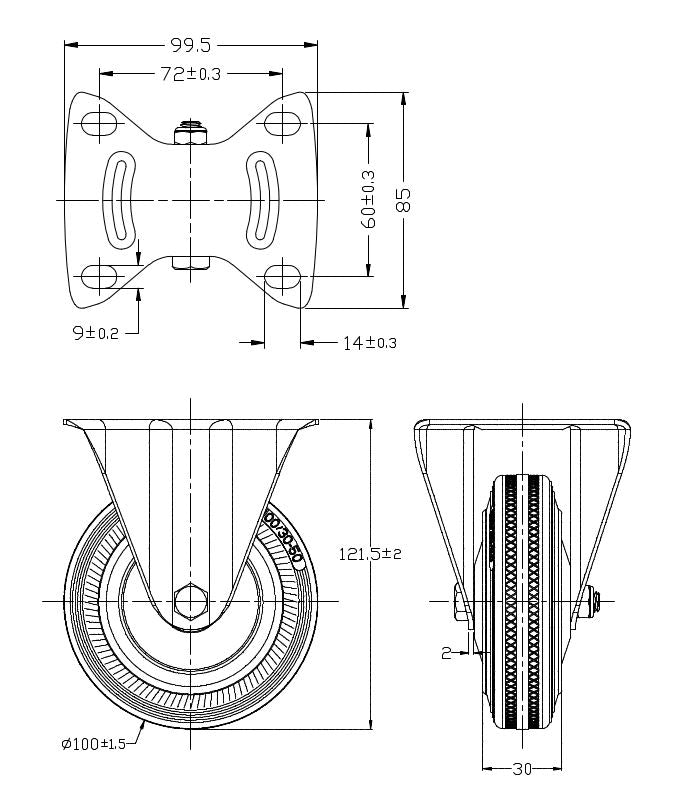 Rysunek techniczny zestawu kołowego stałego Ø 100 mm | 4002-100