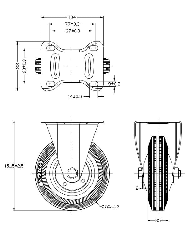Rysunek techniczny zestawu kołowego stałego Ø 125 mm | 4002-125