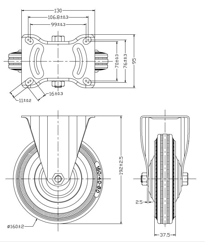 Rysunek techniczny zestawu kołowego stałego Ø 160 mm | 4002-160