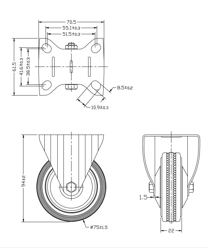 Rzut techniczny zestawu kołowego stałego Ø 75 mm z łożyskiem wałeczkowym | 4002-75