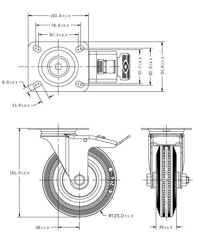 Ø 125 mm | Zestaw kołowy obrotowy z hamulcem: metal guma, płyta mocująca, łożysko wałeczkowe, nośność 100 kg | 4003-125 - rzut techniczny