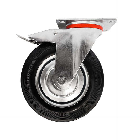 Ø 200 mm | Zestaw kołowy obrotowy z hamulcem: metal guma, płyta mocująca, łożysko wałeczkowe, nośność 185 kg | 4003-200 - widok z boku