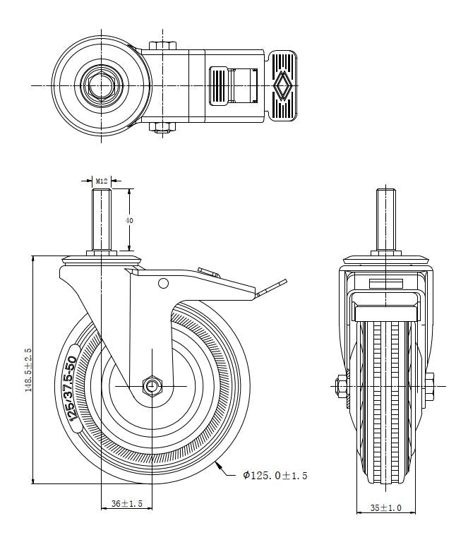 Ø 125 mm | Zestaw kołowy, koło obrotowe z hamulcem: metal guma, mocowane na śrubę, łożysko wałeczkowe, nośność 100 kg | 4009-125