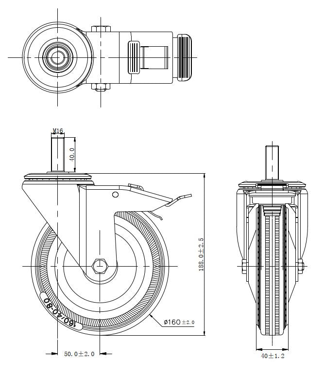 Ø 160 mm | Zestaw kołowy, koło obrotowe z hamulcem: metal guma, mocowane na śrubę, łożysko wałeczkowe, nośność 145 kg | 4009-160