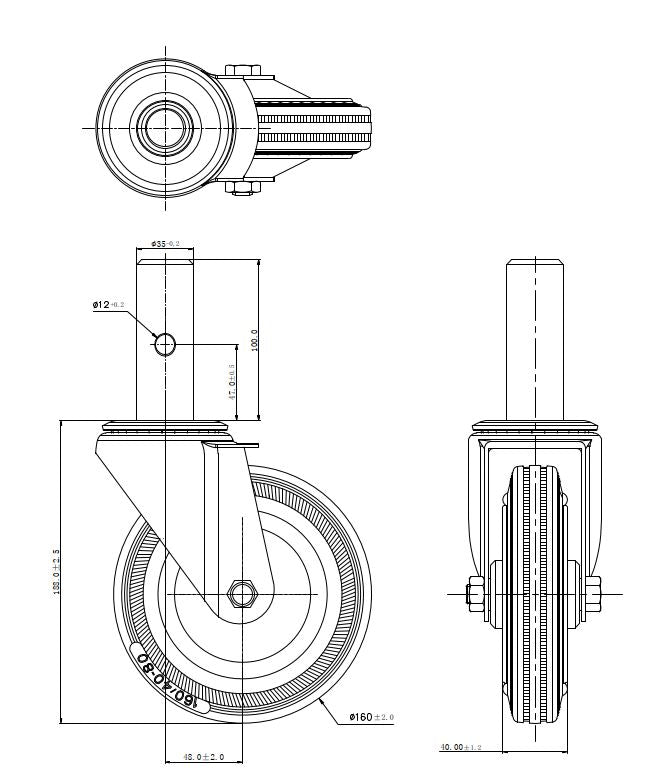 Ø 160 mm | Zestaw kołowy, koło obrotowe bez hamulca: metal guma, mocowane na trzpień, łożysko wałeczkowe, nośność 125 kg | 1157-160