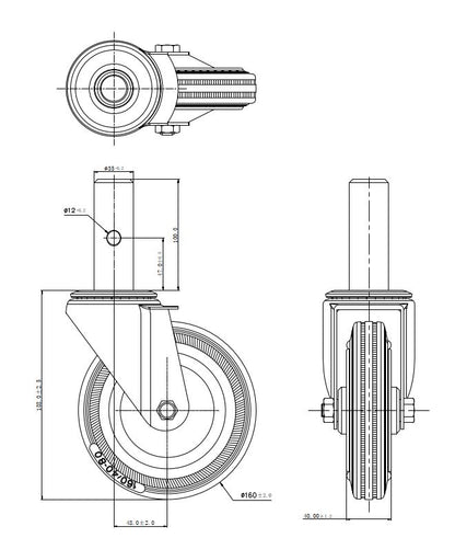Ø 160 mm | Zestaw kołowy, koło obrotowe bez hamulca: metal guma, mocowane na trzpień, łożysko wałeczkowe, nośność 125 kg | 1157-160