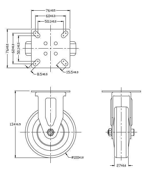 Ø 100 mm | Zestaw kołowy, koło stałe bez hamulca: tworzywo guma termoplastyczna, płyta mocująca, łożysko ślizgowe, nośność 90 kg | 3011A-100