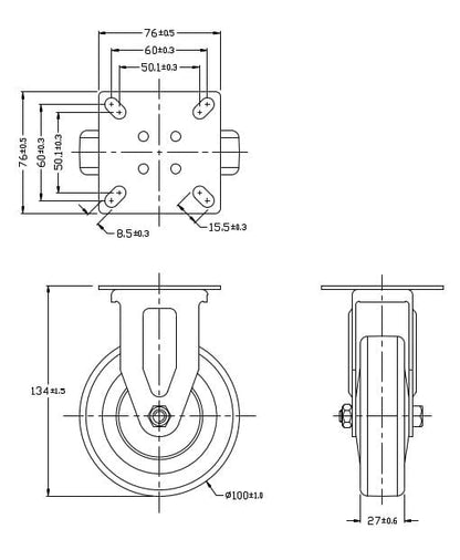 Ø 100 mm | Zestaw kołowy, koło stałe bez hamulca: tworzywo guma termoplastyczna, płyta mocująca, łożysko ślizgowe, nośność 90 kg | 3011A-100