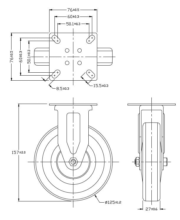Ø 125 mm | Zestaw kołowy, koło stałe bez hamulca: tworzywo guma termoplastyczna, płyta mocująca, łożysko ślizgowe, nośność 120 kg | 3011A-125
