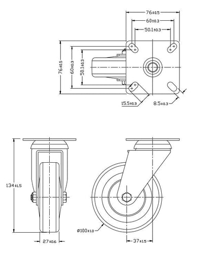 Ø 100 mm | Zestaw kołowy, koło obrotowe bez hamulca: tworzywo guma termoplastyczna, płyta mocująca, łożysko ślizgowe, nośność 90 kg | 3013A-100
