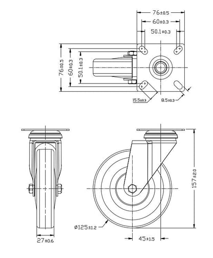 Ø 125 mm | Zestaw kołowy, koło obrotowe bez hamulca: tworzywo guma termoplastyczna, płyta mocująca, łożysko ślizgowe, nośność 120 kg | 3013A-125