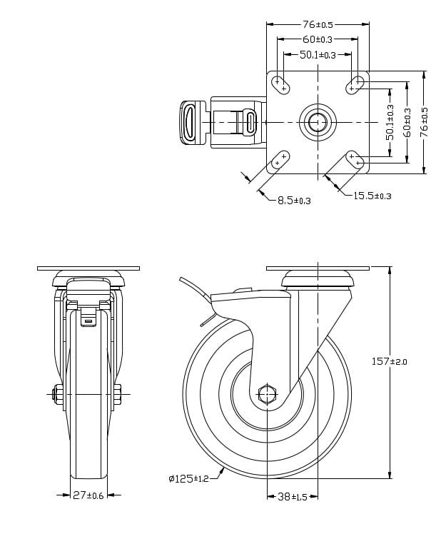 Ø 125 mm | Zestaw kołowy, koło obrotowe z hamulcem: tworzywo guma termoplastyczna, płyta mocująca, łożysko ślizgowe, nośność 120 kg | 3014A-125