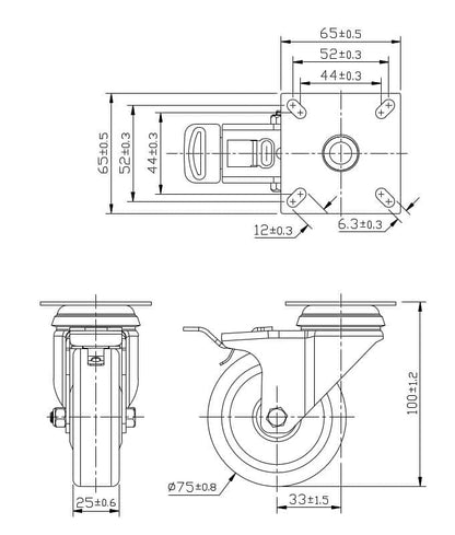 Ø 75 mm | Zestaw kołowy, koło obrotowe z hamulcem: tworzywo guma termoplastyczna, płyta mocująca, łożysko ślizgowe, nośność 60 kg | 3014A-75