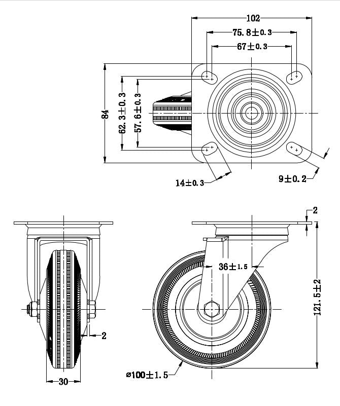 Ø 100 mm | Zestaw kołowy obrotowy bez hamulca: metal guma, płyta mocująca, łożysko wałeczkowe, nośność 70 kg | 4001-100 - rzut techniczny