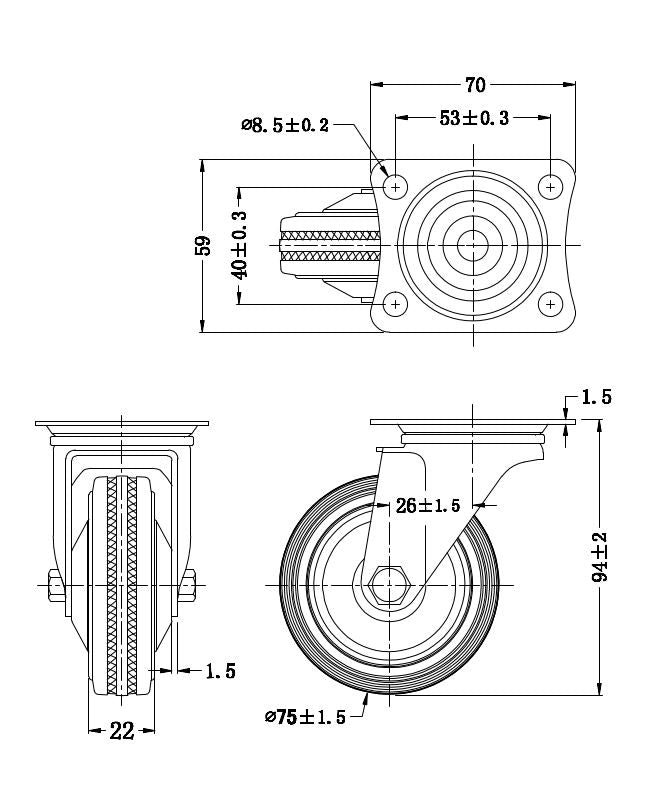 Ø 75 mm | Zestaw kołowy obrotowy bez hamulca: metal guma, płyta mocująca, łożysko wałeczkowe, nośność 50 kg | 4001-75 - rzut techniczny