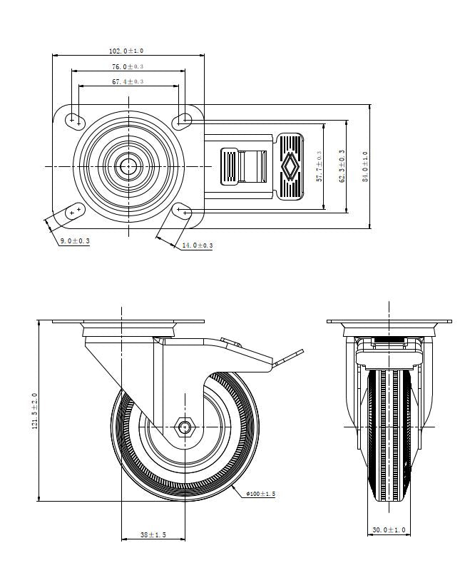 Ø 100 mm | Zestaw kołowy obrotowy z hamulcem: metal guma, płyta mocująca, łożysko wałeczkowe, nośność 70 kg | 4003-100 - rzut techniczny