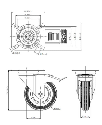 Ø 100 mm | Zestaw kołowy obrotowy z hamulcem: metal guma, płyta mocująca, łożysko wałeczkowe, nośność 70 kg | 4003-100 - rzut techniczny
