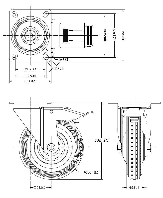 Ø 160 mm | Zestaw kołowy obrotowy z hamulcem: metal guma, płyta mocująca, łożysko wałeczkowe, nośność 145 kg | 4003-160 - rzut techniczny
