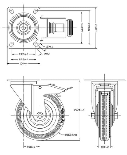 Ø 160 mm | Zestaw kołowy obrotowy z hamulcem: metal guma, płyta mocująca, łożysko wałeczkowe, nośność 145 kg | 4003-160 - rzut techniczny