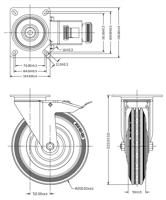 Ø 200 mm | Zestaw kołowy obrotowy z hamulcem: metal guma, płyta mocująca, łożysko wałeczkowe, nośność 185 kg | 4003-200 - rzut techniczny