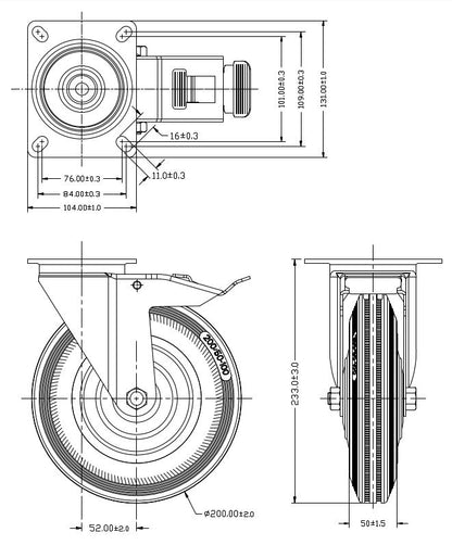 Ø 200 mm | Zestaw kołowy obrotowy z hamulcem: metal guma, płyta mocująca, łożysko wałeczkowe, nośność 185 kg | 4003-200 - rzut techniczny