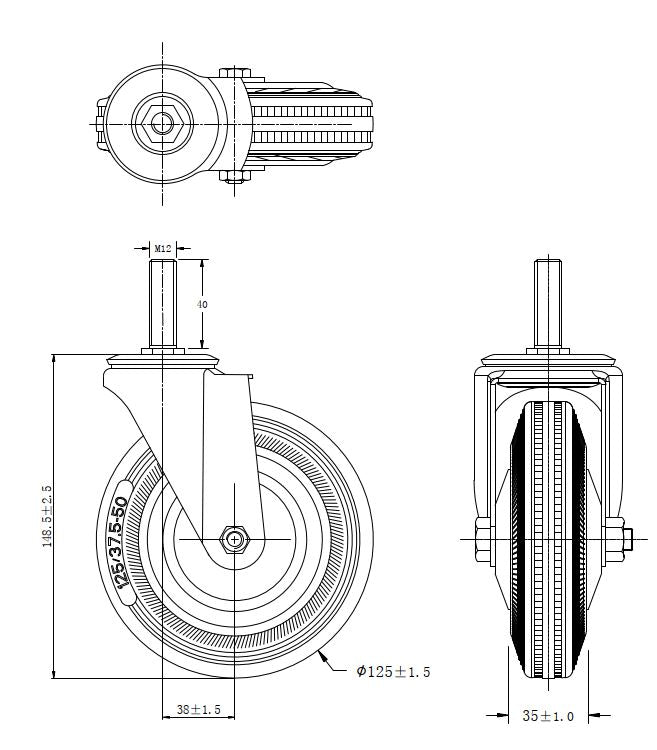 Ø 125 mm | Zestaw kołowy, koło obrotowe bez hamulca: metal guma, mocowane na śrubę, łożysko wałeczkowe, nośność 100 kg | 4008-125