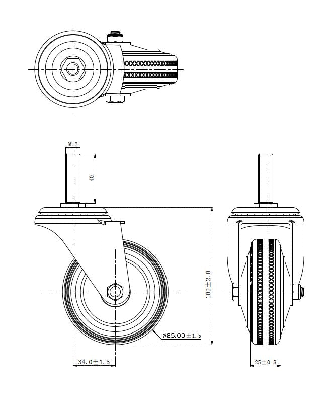 Ø 85 mm | Zestaw kołowy, koło obrotowe bez hamulca: metal guma, mocowane na śrubę, łożysko wałeczkowe, nośność 60 kg | 4008-85