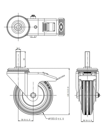Ø 100 mm | Zestaw kołowy, koło obrotowe z hamulcem: metal guma, mocowane na śrubę, łożysko wałeczkowe, nośność 70 kg | 4009-100