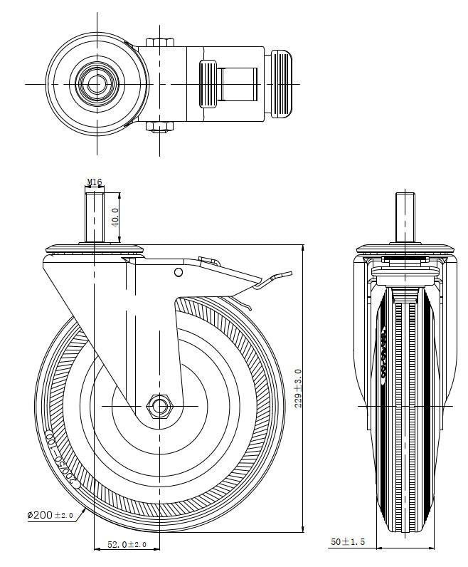 Ø 200 mm | Zestaw kołowy, koło obrotowe z hamulcem: metal guma, mocowane na śrubę, łożysko wałeczkowe, nośność 185 kg | 4009-200