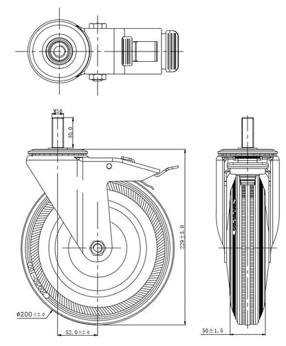 Ø 200 mm | Zestaw kołowy, koło obrotowe z hamulcem: metal guma, mocowane na śrubę, łożysko wałeczkowe, nośność 185 kg | 4009-200