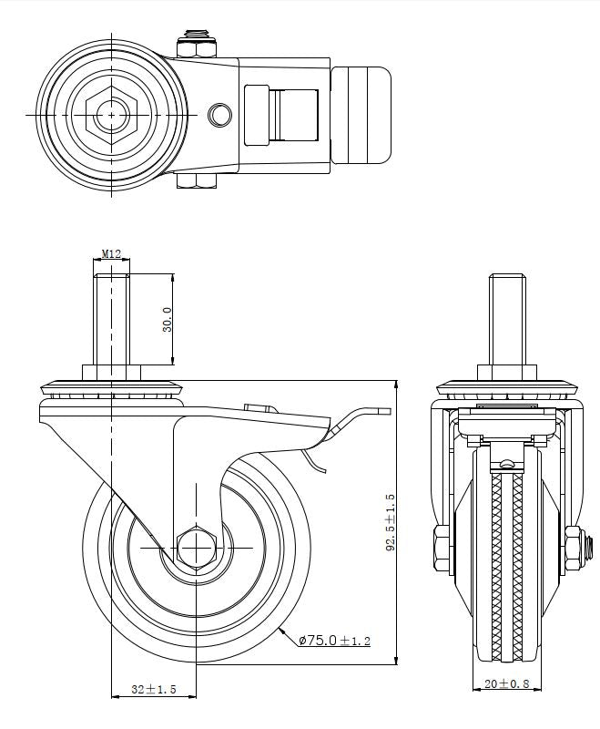 Ø 75 mm | Zestaw kołowy, koło obrotowe z hamulcem: metal guma, mocowane na śrubę, łożysko wałeczkowe, nośność 50 kg | 4009-75